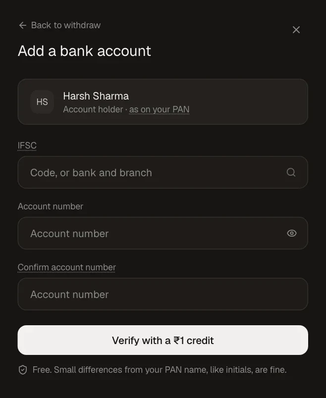 Mochatrade on the web: add a bank account