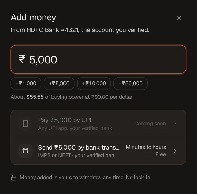 Mochatrade on the web: add money · enter the amount