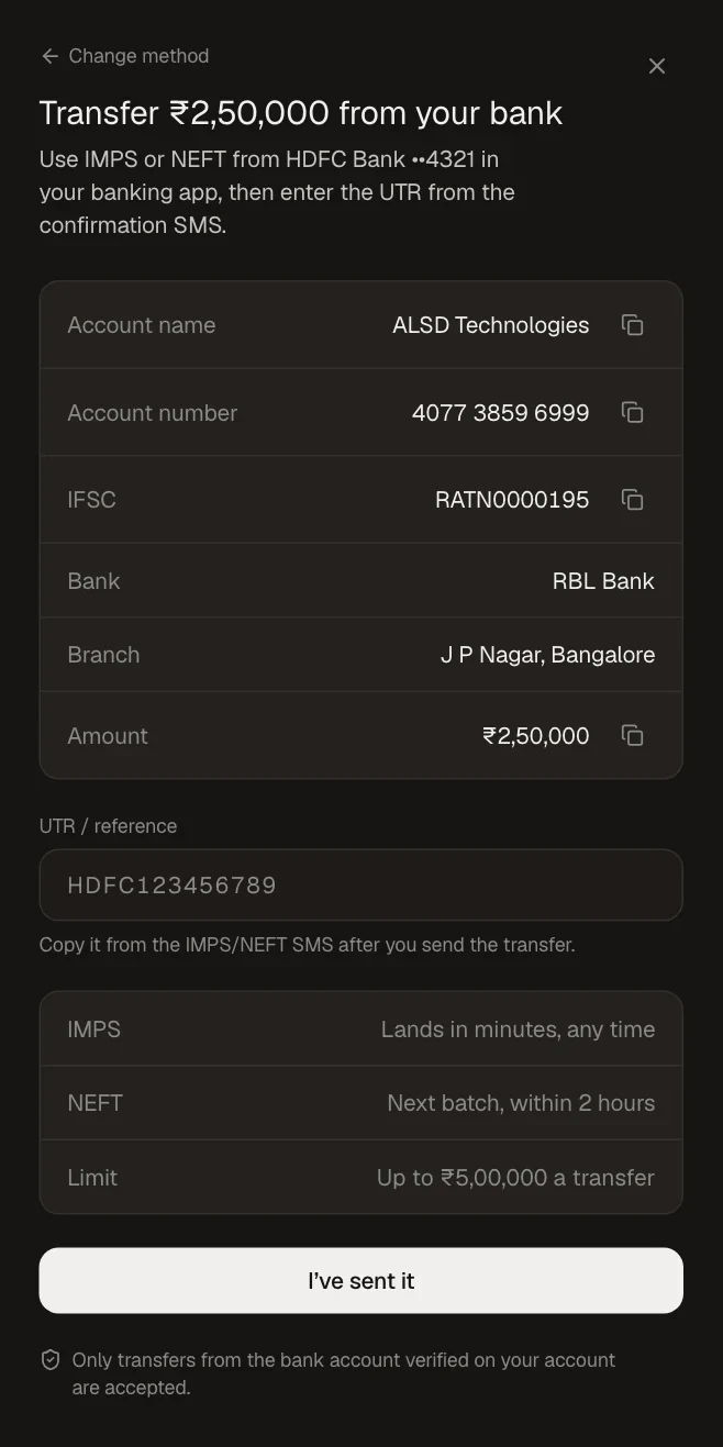 Mochatrade on the web: your transfer details