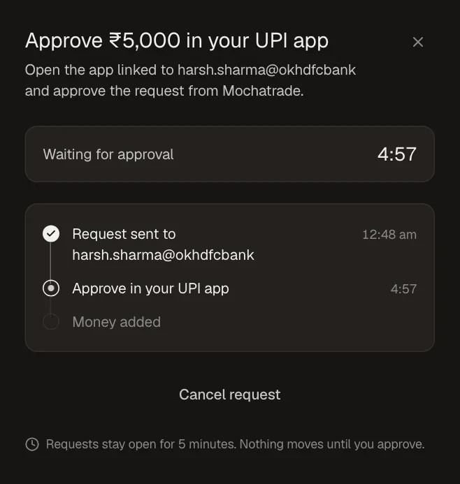 Mochatrade on the web: approve it in your upi app