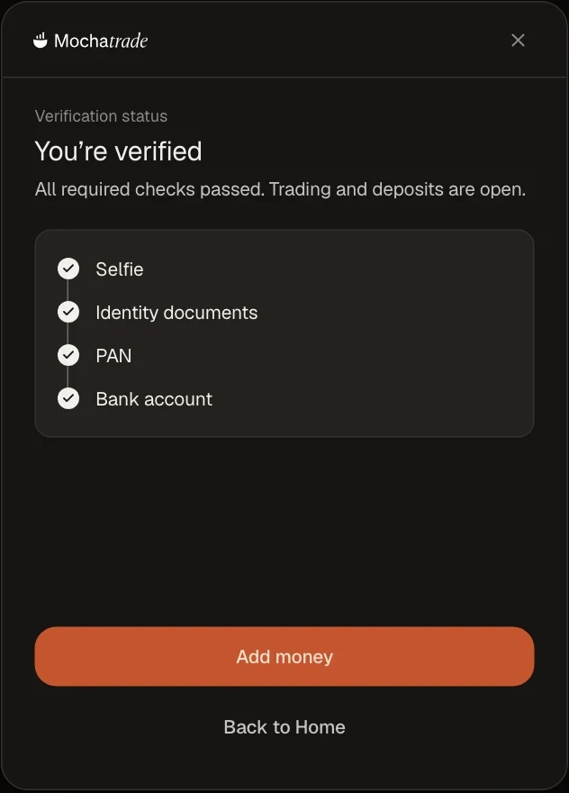 Mochatrade on the web: you're verified