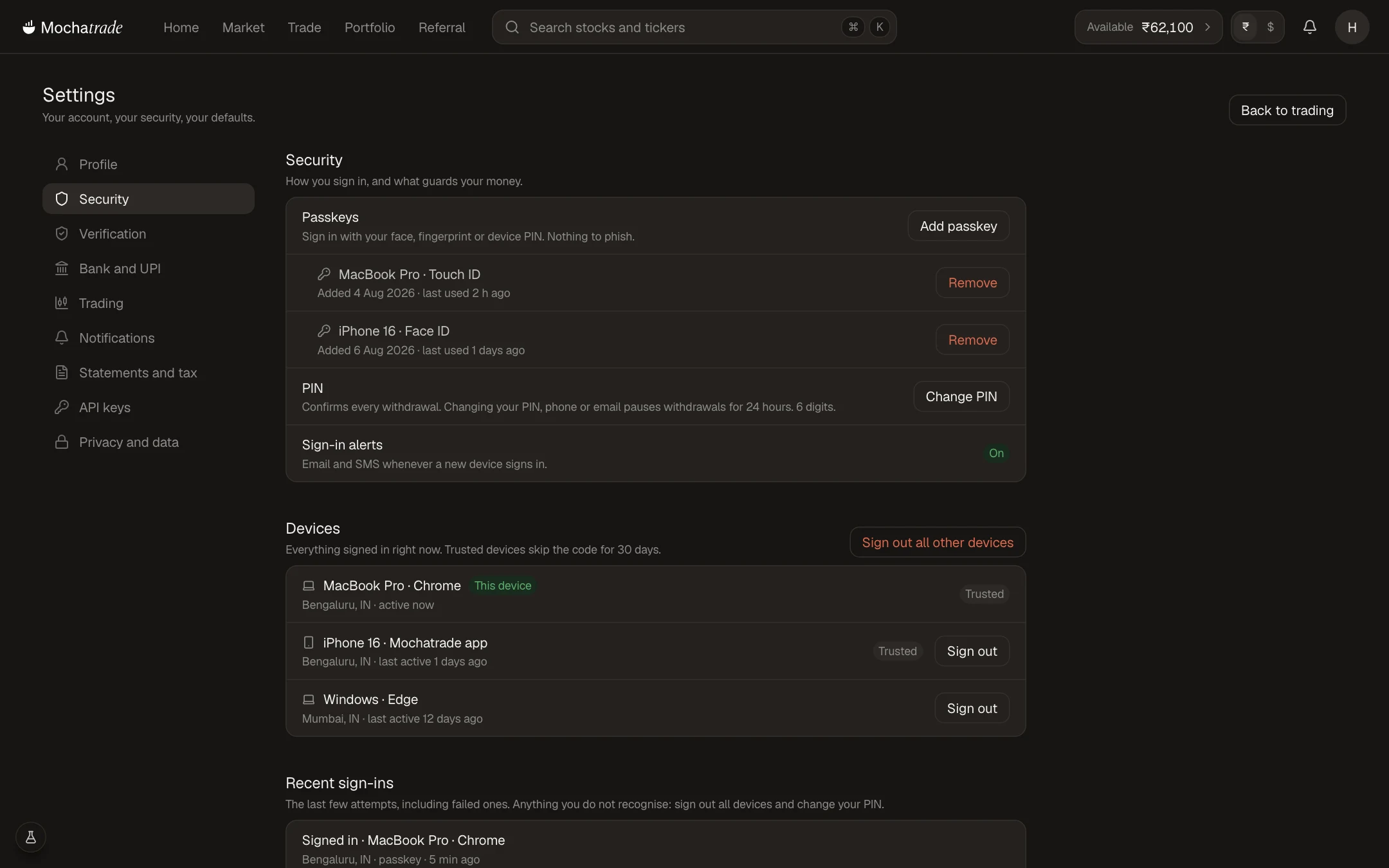 Mochatrade on the web: settings · security