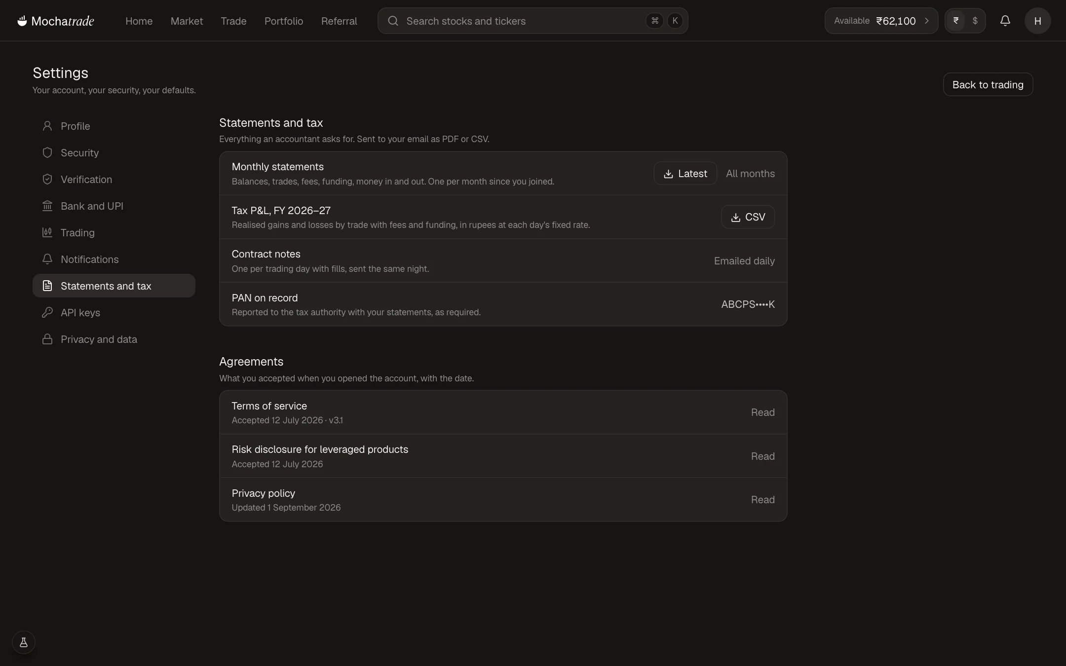 Mochatrade on the web: settings, statements and tax