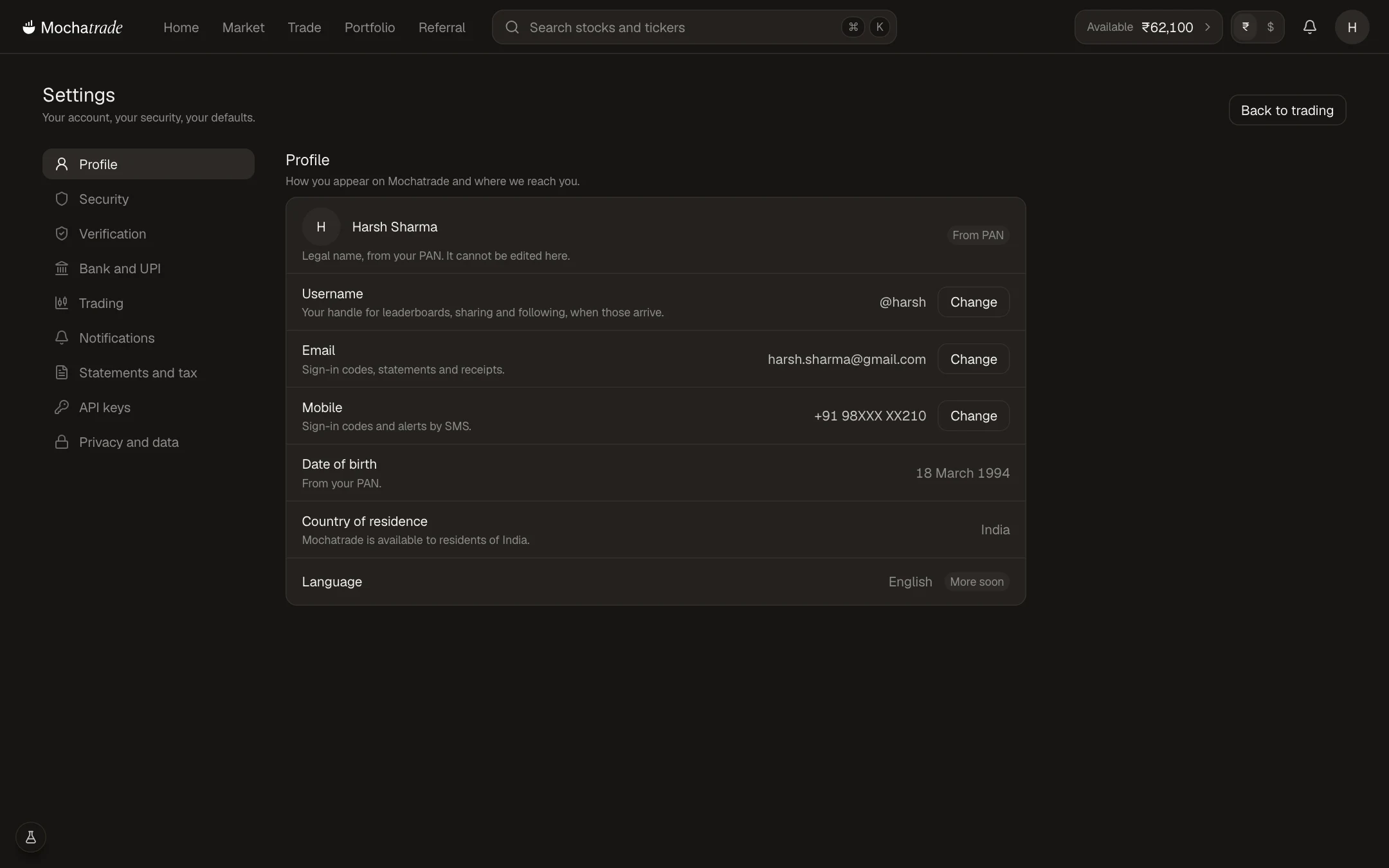 Mochatrade on the web: settings · profile, email and mobile